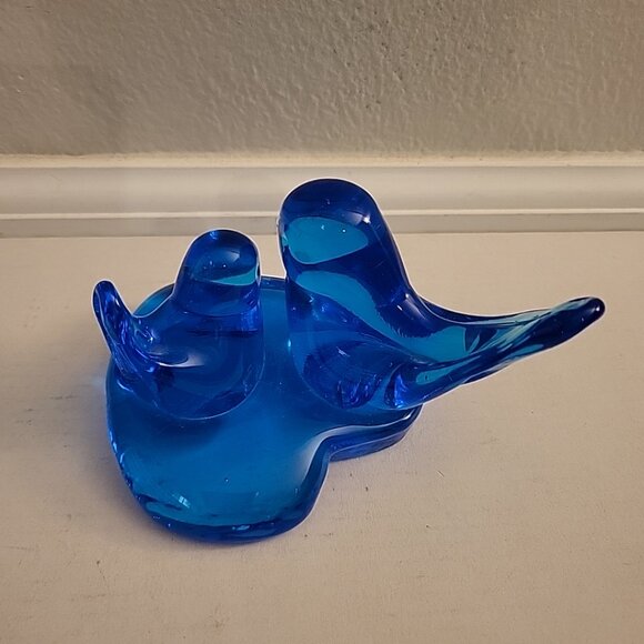 VTG 1994 Signed Leo Ward Glass Two Blue Bird Of Happiness Collect paperweight - Picture 1 of 5